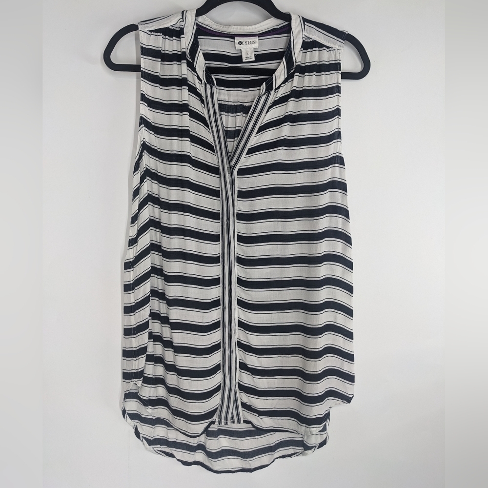 STYLUS Short Sleeve Striped Button Down Top